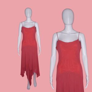 1990s-Y2K MORRELL MAXIE Rust Orange Sleeveless ASYMMETRICAL Hem Draped Dress S-M